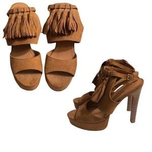 H&M Faux Suede Tan leather Fringe heels with Tassels Brown Size 8.5 (EUR…